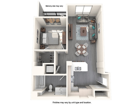 Floor plan for 1 bed, 1 bath, 744 sqft